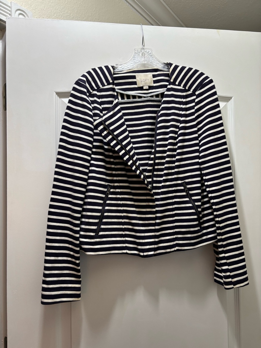 LOFT Navy and White Striped Knit Moto Blazer